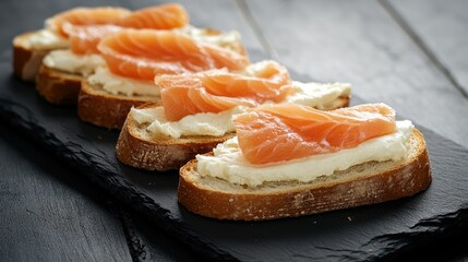 Delicious gourmet open-faced sandwiches topped with fresh smoked salmon, rich cream cheese, and served on rustic bread against a dark slate background