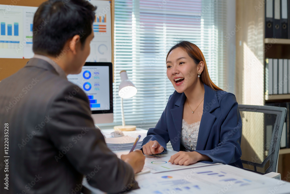 Poster asian businesspeople discussing and working together using computer and documents in office