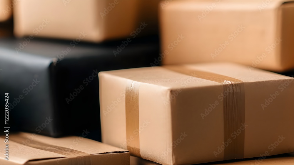 Aufkleber stacked cardboard boxes in an indoor setting with soft lighting