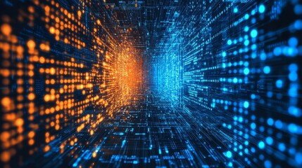 Fototapeta premium Abstract orange and blue technology background featuring circuit board patterns and code lines