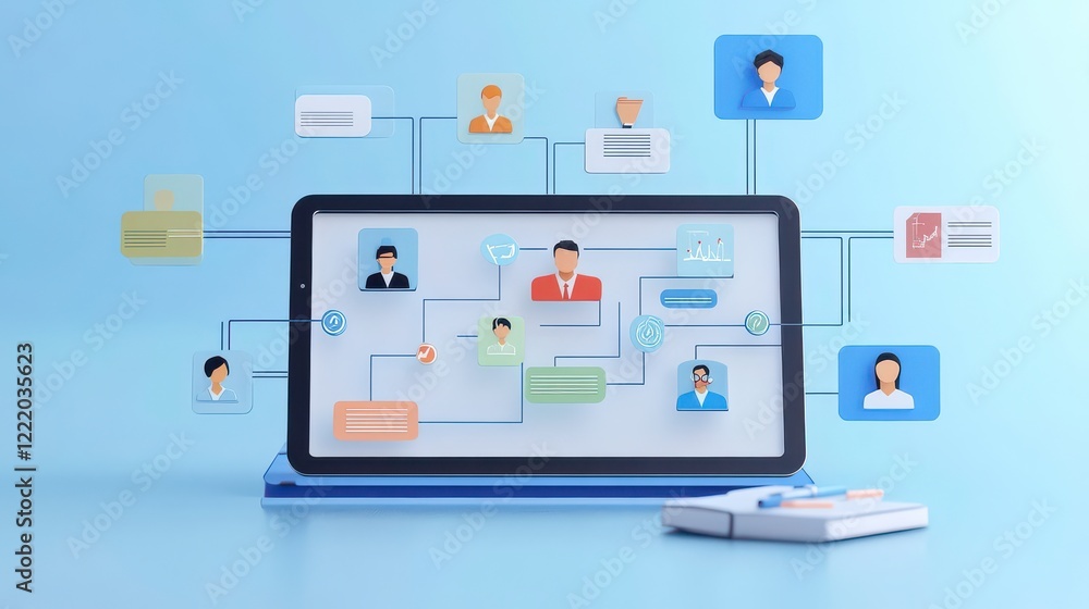 Poster a digital illustration of a laptop displaying user connections and interactions, highlighting a netw