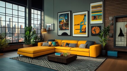 Industrial Loft Living Room Interior - 3D Rendered Backdrop for Stock Photo