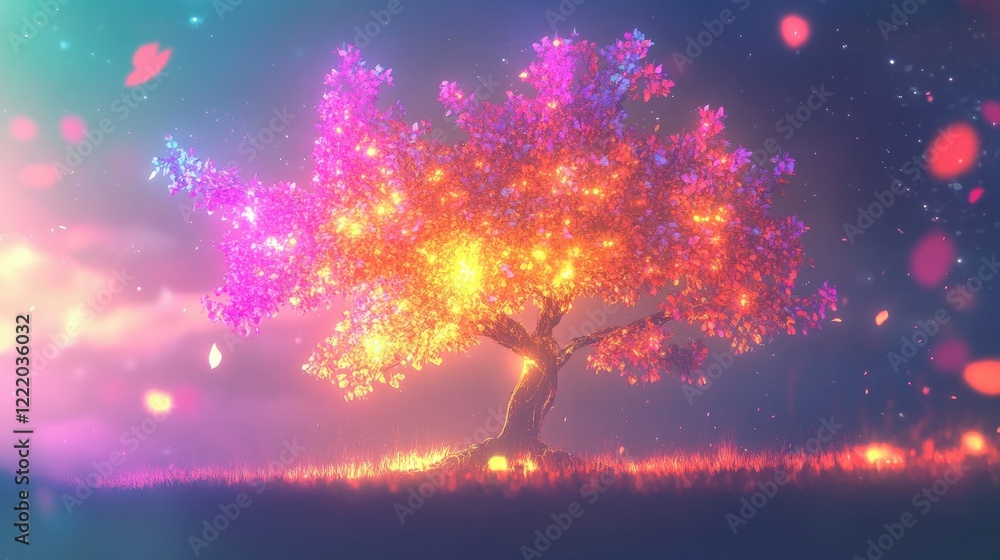 Poster vibrant fantasy tree with colorful leaves illuminated by ethereal light in a dreamlike landscape und