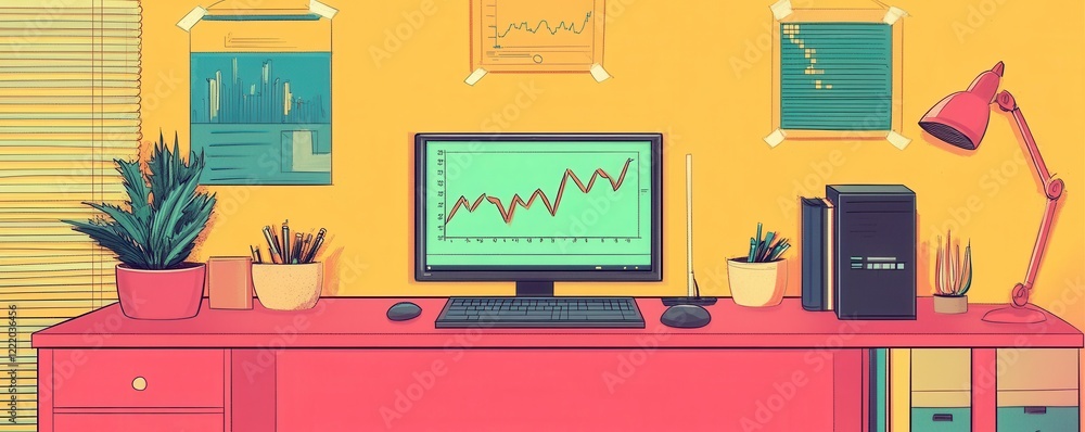 Aufkleber a colorful home office setup featuring a computer displaying a growing graph, surrounded by plants a