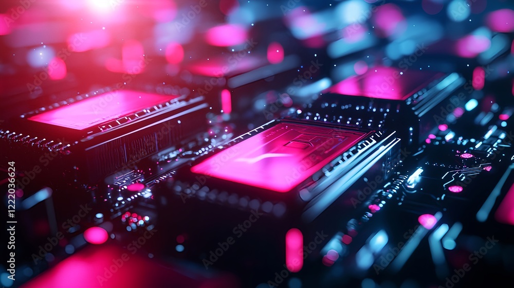Poster abstract digital circuit board with colorful neon lights and depth