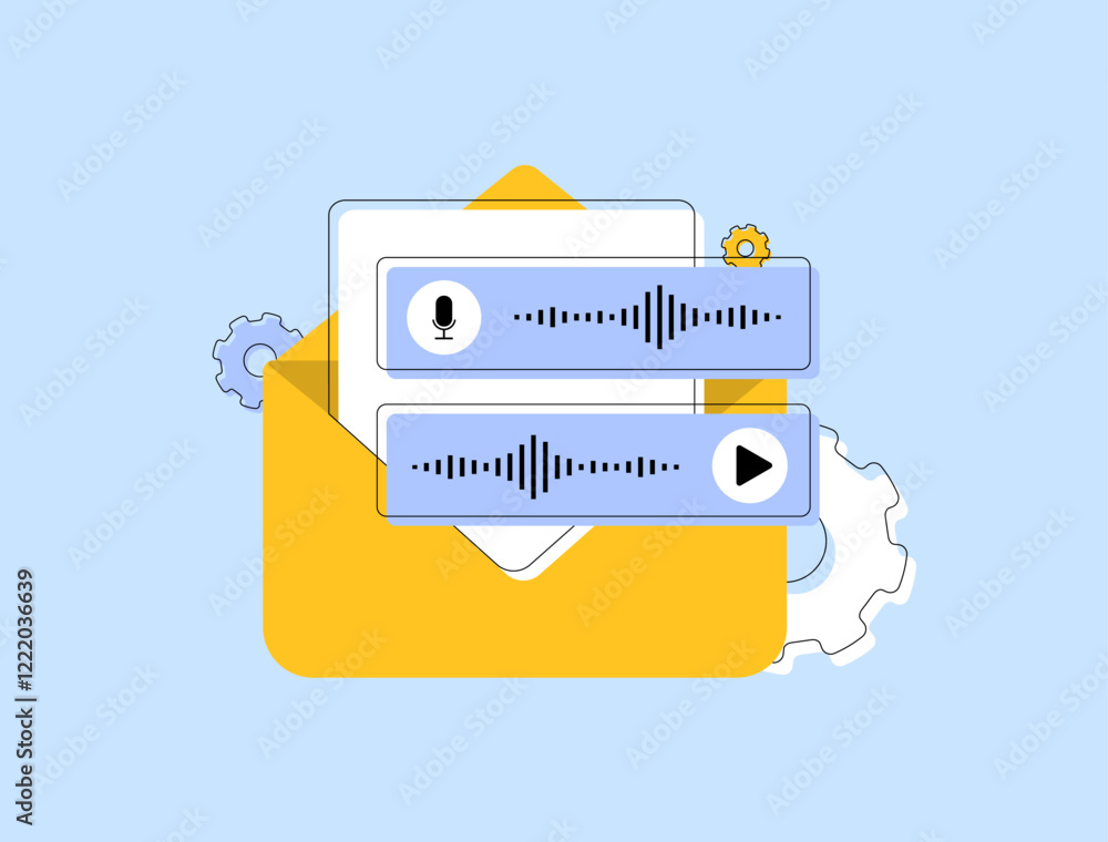 Poster voice message notification e-mail concept with yellow envelope, audio waveforms and gear symbols. em