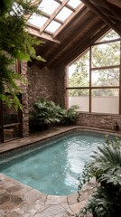 Tranquil Indoor Pool  Stone House  Natural Light  Relaxation Retreat