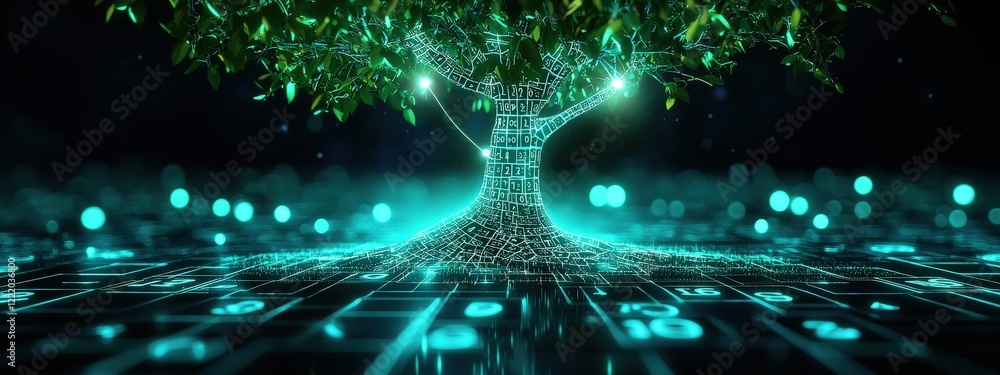 Poster tree glowing brightly with sudoku numbers forming its roots and leaves