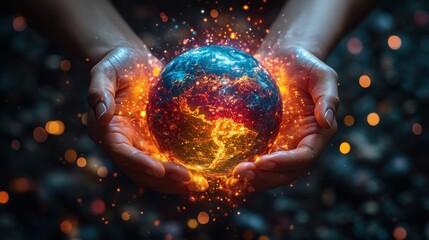 Burning Earth held in hands; climate change concept; bokeh background; environmental awareness campaign