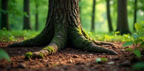 Obraz premium pine tree's roots visible through the earthy soil, forest, bark, evergreen