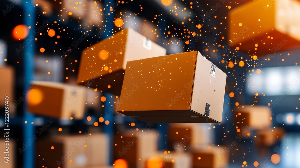 Poster floating boxes in warehouse with particle effect background