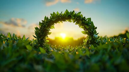 Sunset over Green Leaves in Circular Frame Nature Concept