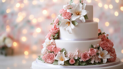 Wedding cake flowers themed, romantic four tier wedding cake adorned with pink roses and lilies