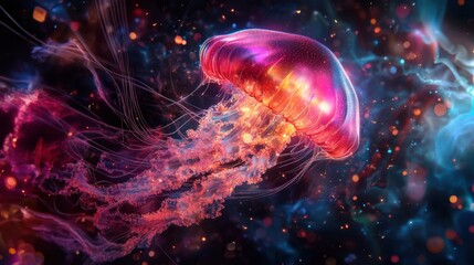 A bioluminescent jellyfish with cybernetic tentacles, floating gracefully in a deep ocean filled with glowing digital particles