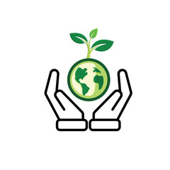 sustainable icon. earth and plant vector in hand. reuse, recycle, net zero, green energy, eco-friendly concept. Mixed design style
