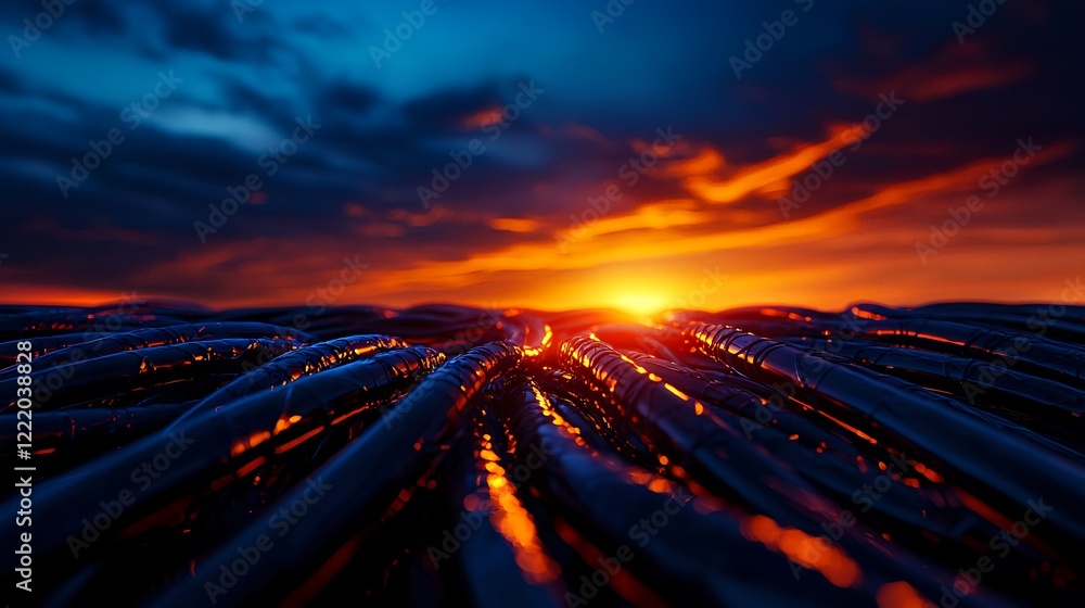 Poster sunset reflection on shiny surface with colorful clouds above