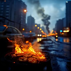 Smoky City Street Scene with Grilling Food in Evening Light
