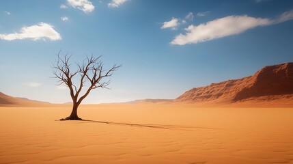 Fototapeta premium Solitary Tree in Expansive Desert Landscape Under Clear Blue Sky