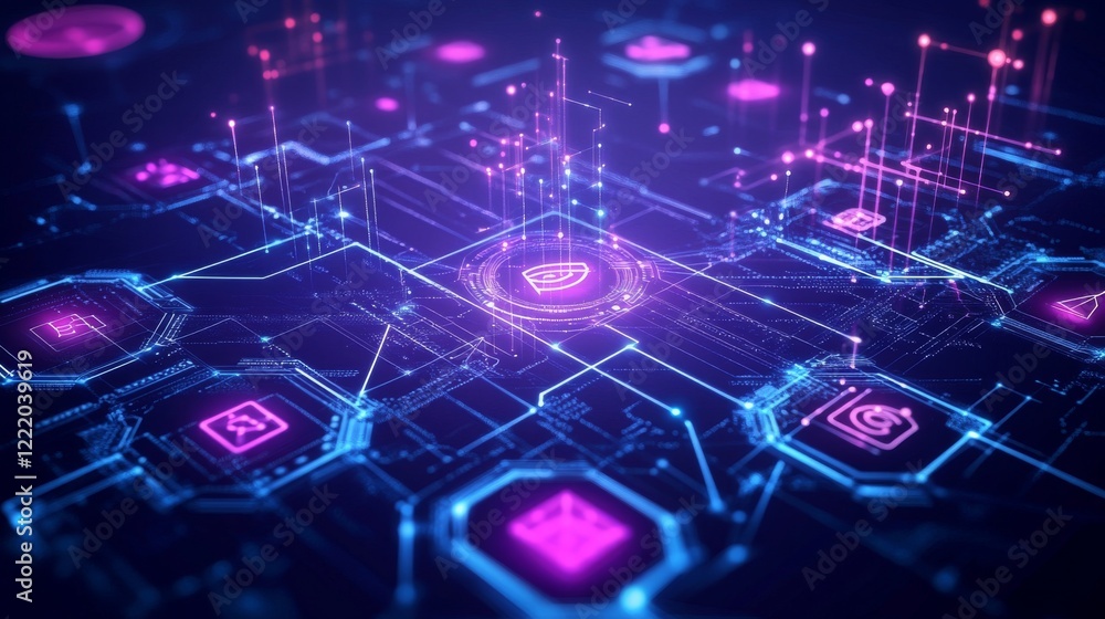 Wall mural abstract purple technology network background with digital connections, futuristic grid, and glowing