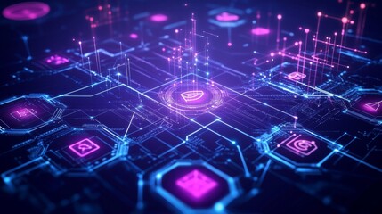 Abstract purple technology network background with digital connections, futuristic grid, and glowing lines representing innovation and data flow


