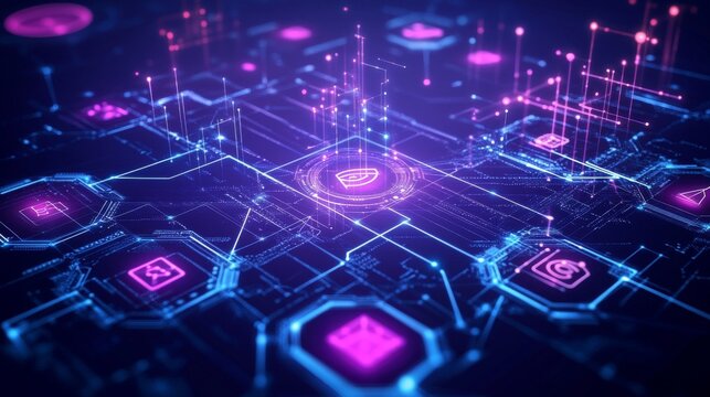 Abstract purple technology network background with digital connections, futuristic grid, and glowing lines representing innovation and data flow


