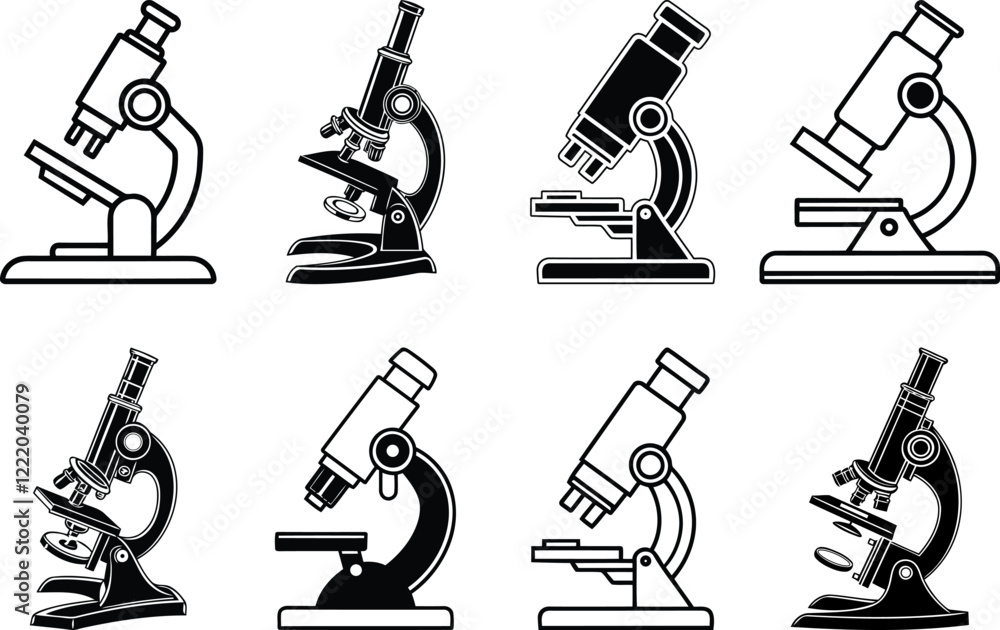 Poster modern microscope set silhouette vector illustration, microscope line art vector, microscope isolate