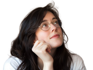 Thoughtful young woman in glasses gazing upwards with hand on chin on transparent background