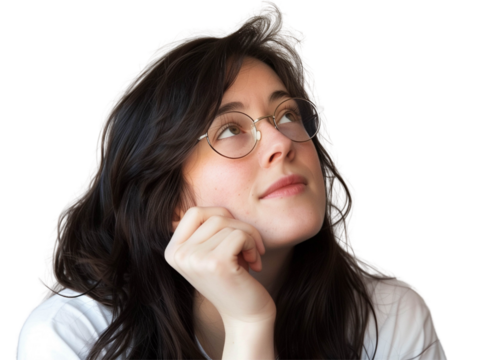 Thoughtful young woman in glasses gazing upwards with hand on chin on transparent background
