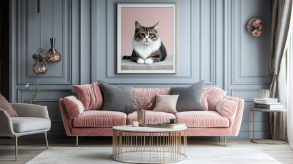 Sophisticated Cat Portrait: A charming tabby cat with a distinguished gaze, framed against a blush pink background, takes center stage in this elegant interior design.