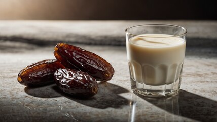 create an image of a piece of date and a glass of milk
