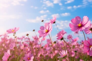 Beautiful cosmos flower field on sky landscape nature backgrounds.