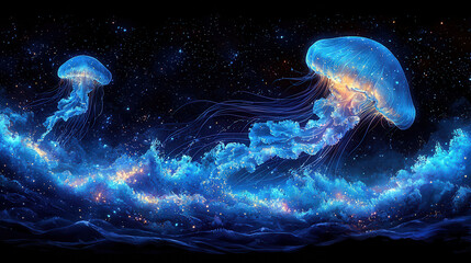 Naklejka premium Celestial Jellyfish: A captivating digital painting depicts two luminous jellyfish, their translucent bells glowing with an ethereal blue light, against a backdrop of shimmering, cosmic waves.