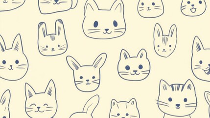 Cute Cat and Rabbit Faces Pattern on Soft Cream Background