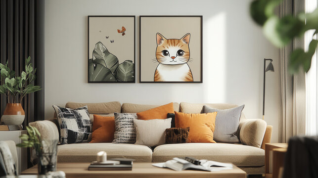 Cozy Cat Wall Art: A charming pair of minimalist illustrations adorn a living room wall, featuring a cute orange tabby cat and a serene landscape with delicate butterflies.  