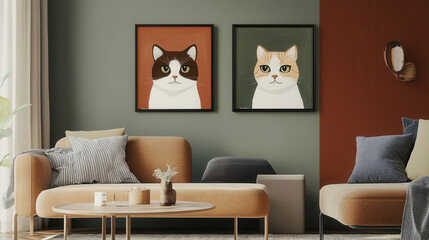 Feline Friends: Two adorable cat portraits, framed and hung side-by-side, bring a touch of warmth and whimsy to a contemporary living room, adding a splash of color and a cozy atmosphere. 