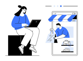 Woman using laptop seated on block, man delivering shopping bag from online store on phone screen. Ideal for e-commerce, online shopping, digital marketing, technology, internet retail, remote