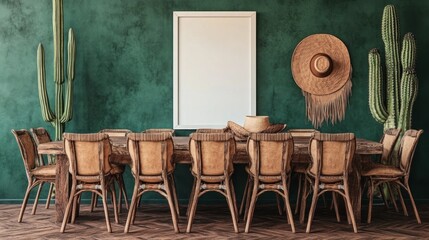 Rustic dining room with cacti, hats, and a blank frame.