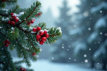 Pine tree with branches heavy with bright red berries and snowflakes gently falling on a winter landscape, snowfall, twiggy texture