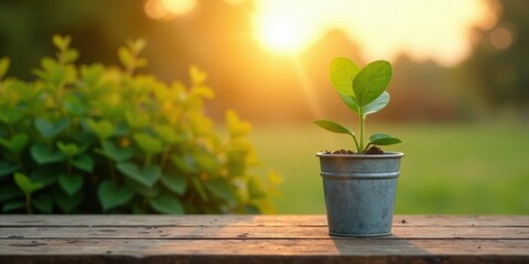 A young sprout in a metal pot basks in the warm glow of the setting sun, symbolizing growth, new beginnings, and the beauty of nature's resilience.