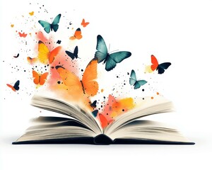 Open book with butterflies flying out symbolizing imagination and creativity in nature