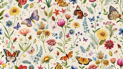 Vibrant Butterfly and Wildflower Seamless Pattern Design for Textile and Home Decor