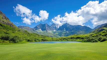 Mountain lake scenic view, green meadow, summer day, peaceful landscape, travel poster