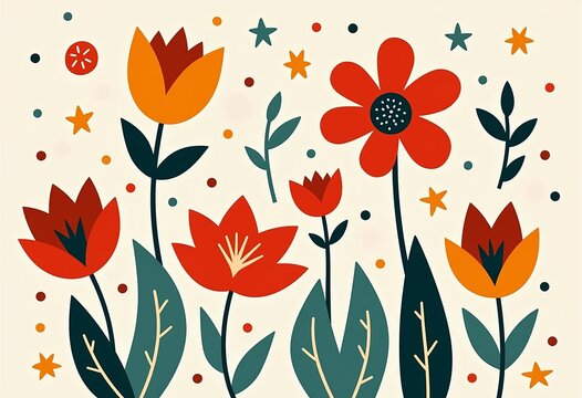 Fototapeta Geometric Floral: Scandinavian Style, Flat Illustration, Red & Orange Flowers, Balloons, White Backdrop, Yellow Stars, Blue & Green Tones, Organic, Wall Art, Isolated, Light Cream, Clean, Vector.