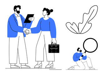 Two professionals shake hands, review a document. Another person inspects with magnifying glass. Ideal for business partnerships, teamwork, negotiation, research, analysis, professionalism