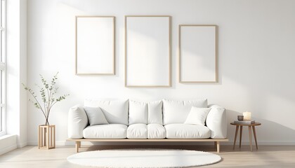 Minimalist Living Room Mockup with Blank Frames and Sofa