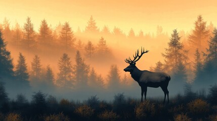 Majestic Elk Standing at Dusk in a Foggy Forest with orange sky and tall trees silhouetted in the distance