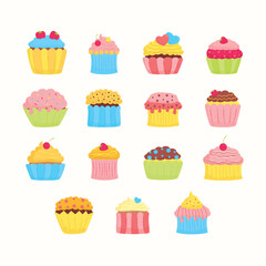 Cute Colorful Cupcakes with Decorative Toppings in a Variety of Styles Collection Hand Drawn Flat Design Illustration