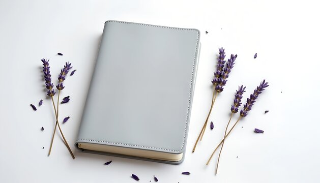 Gray notebook and lavender sprigs on a white background.  A calming, minimalist aesthetic.