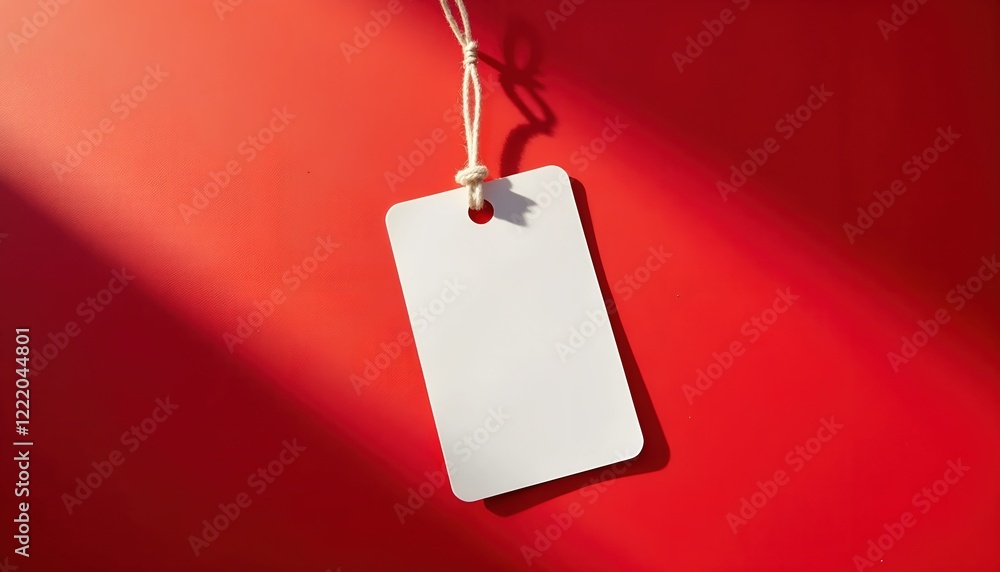 Poster blank white tag hanging against a vibrant red background. perfect for adding your own text or design