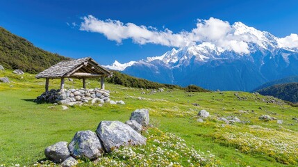 Mountain meadow shelter, scenic view, Himalayan range backdrop, summer day, travel photography